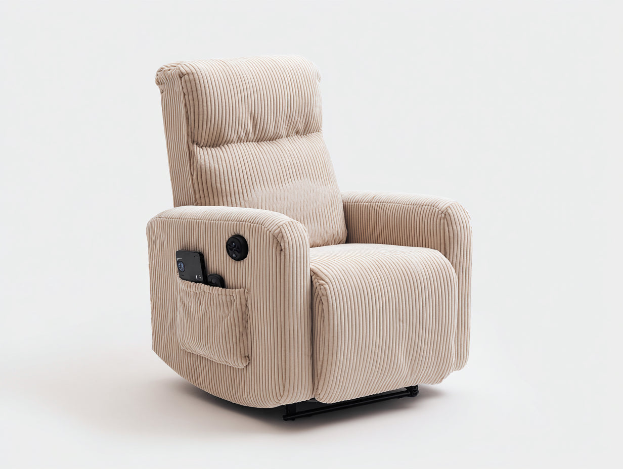 Poltrona reclinabile in tessuto a coste 89x91x104 cm per soggiorno - beige chiaro - design moderno con tasca laterale