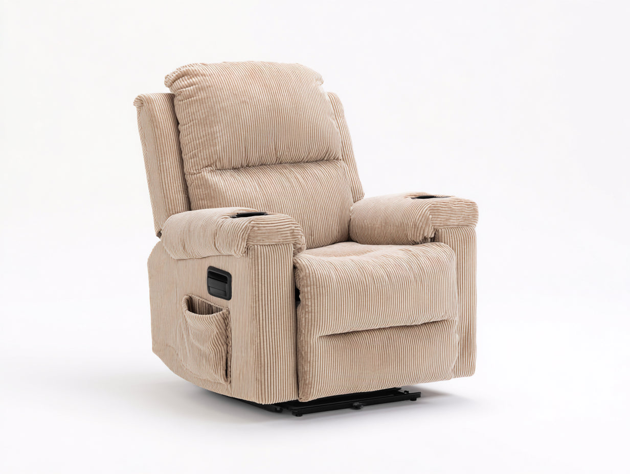 Poltrona reclinabile in tessuto a coste 93x95x106 cm per soggiorno - beige chiaro - design imbottito con portabicchieri
