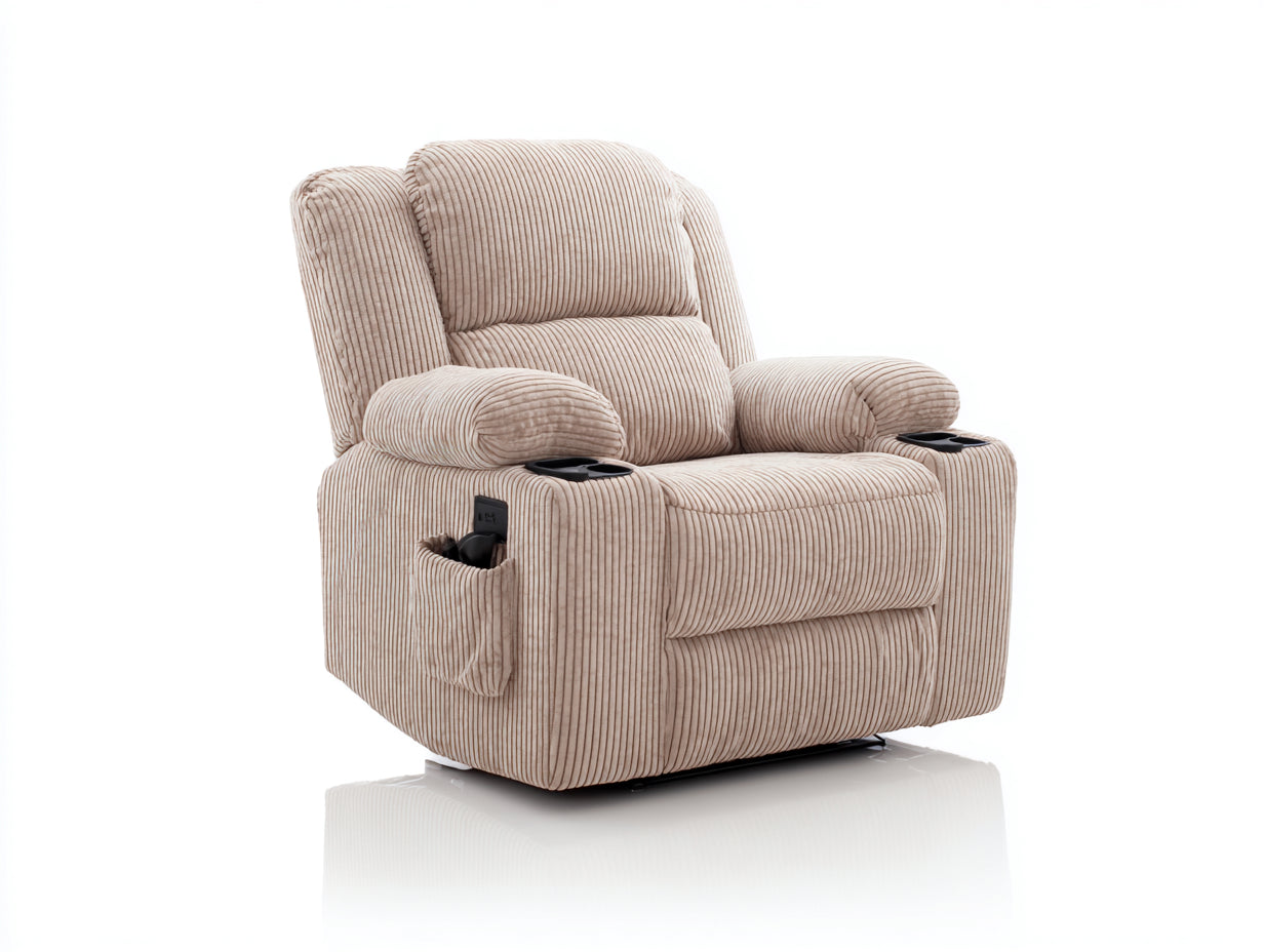 Poltrona reclinabile in tessuto a coste 92x94x106 cm per soggiorno - beige chiaro - design imbottito con portabicchieri