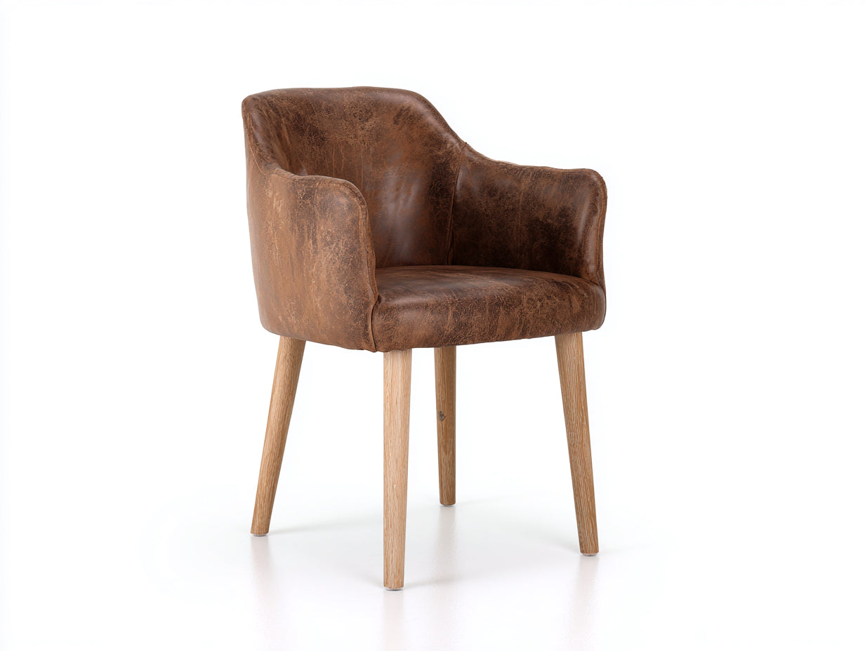 Sedia da pranzo con braccioli in pelle e legno 57x60x84 cm - marrone vintage e rovere naturale - stile rustico per sala da pranzo